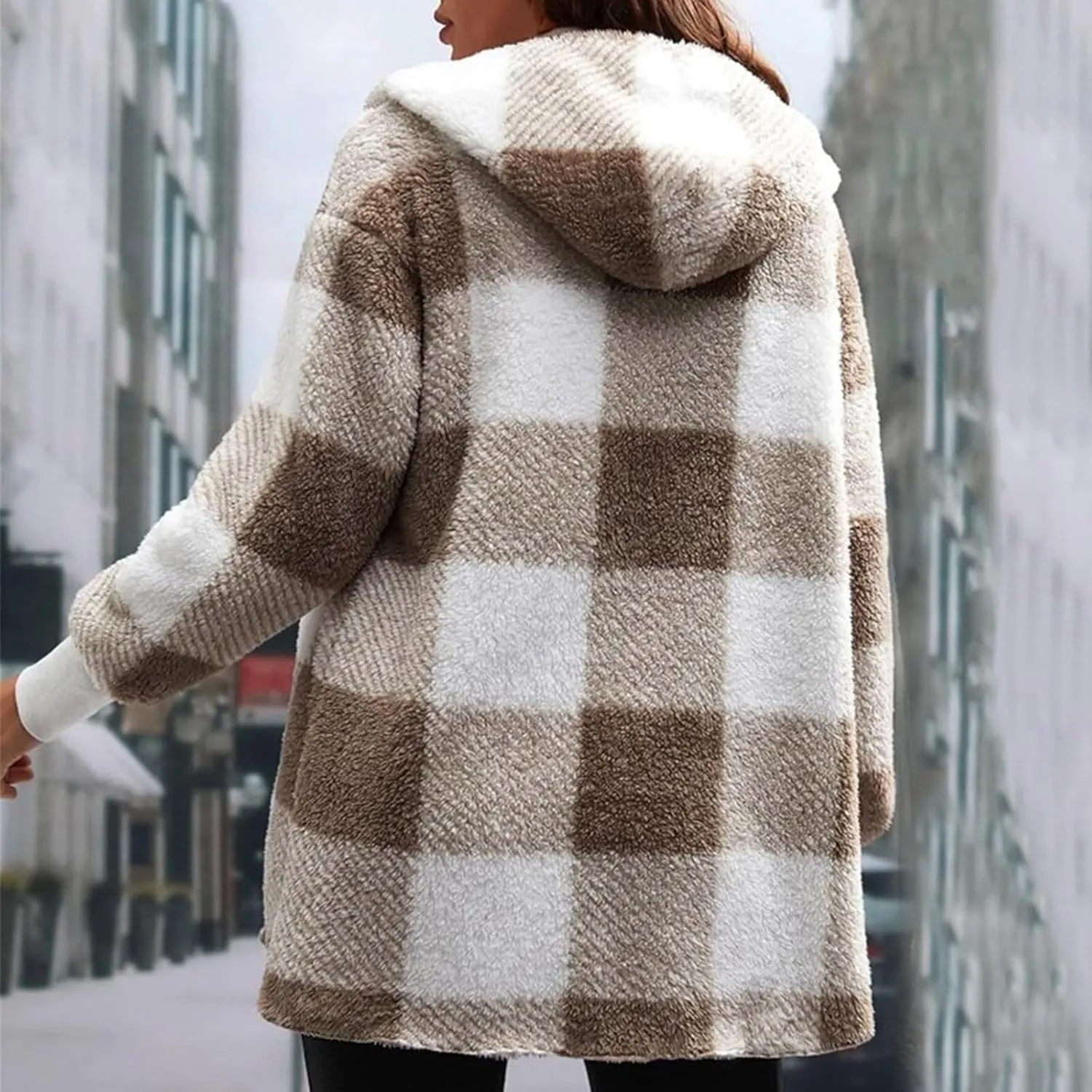 Womens Cardigans Fleece Jacket Baggy Plaid Comfy Sherpa Jacket Trendy Open Front Cardigan Sweater Hoodies Winter Coat