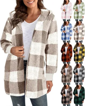 Womens Cardigans Fleece Jacket Baggy Plaid Comfy Sherpa Jacket Trendy Open Front Cardigan Sweater Hoodies Winter Coat