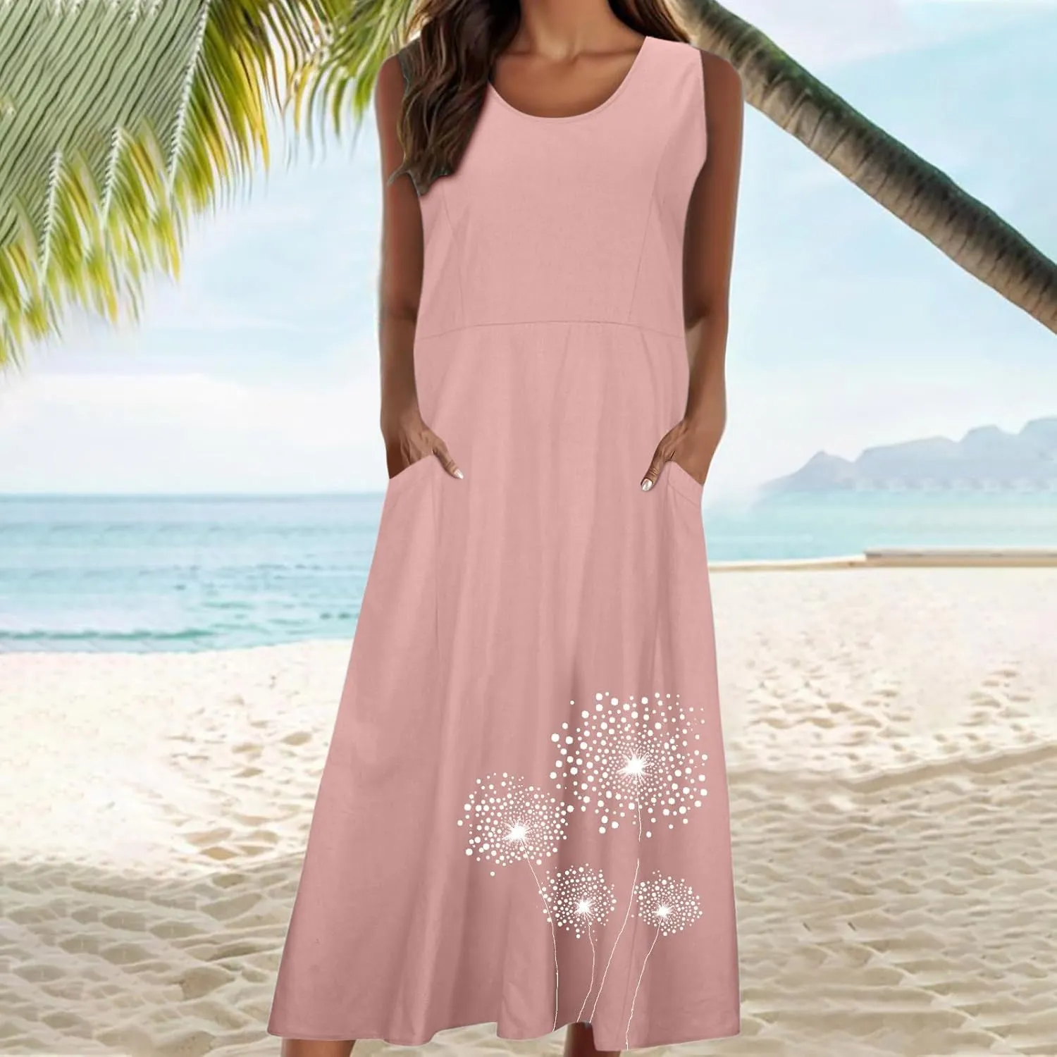 Women's Casual Cotton Linen Plus Size Dresses Summer Boho Floral Print Loose Midi Dresses Sleeveless Flowy Tank Dress