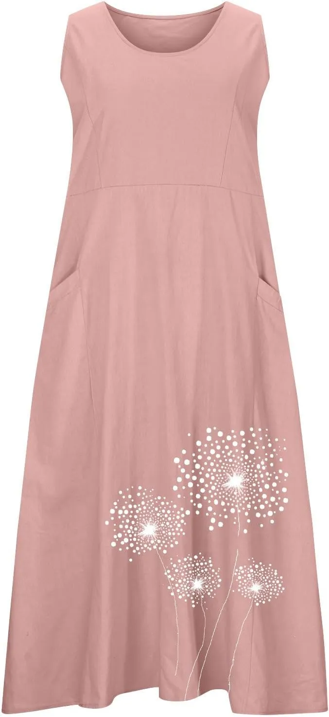 Women's Casual Cotton Linen Plus Size Dresses Summer Boho Floral Print Loose Midi Dresses Sleeveless Flowy Tank Dress