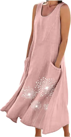 Women's Casual Cotton Linen Plus Size Dresses Summer Boho Floral Print Loose Midi Dresses Sleeveless Flowy Tank Dress