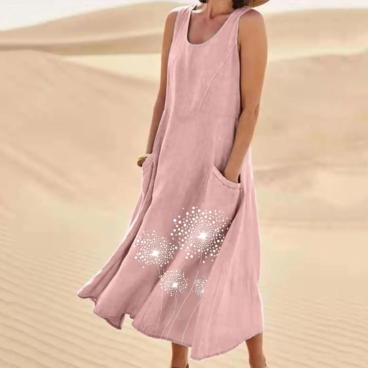 Women's Casual Cotton Linen Plus Size Dresses Summer Boho Floral Print Loose Midi Dresses Sleeveless Flowy Tank Dress
