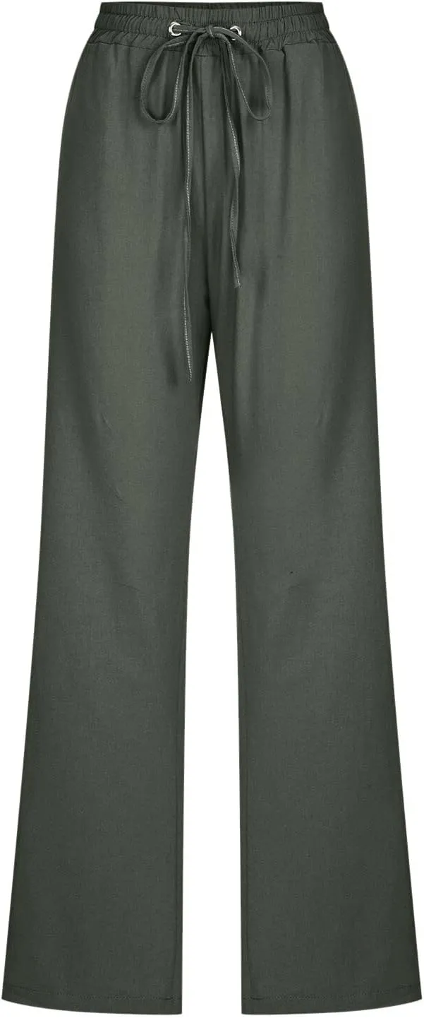 Womens Casual Linen Pants Summer Outfits Boho Drawstring Elastic Waist Trousers Lounge Vacation Clothing