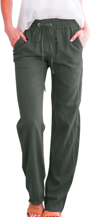 Womens Casual Linen Pants Summer Outfits Boho Drawstring Elastic Waist Trousers Lounge Vacation Clothing