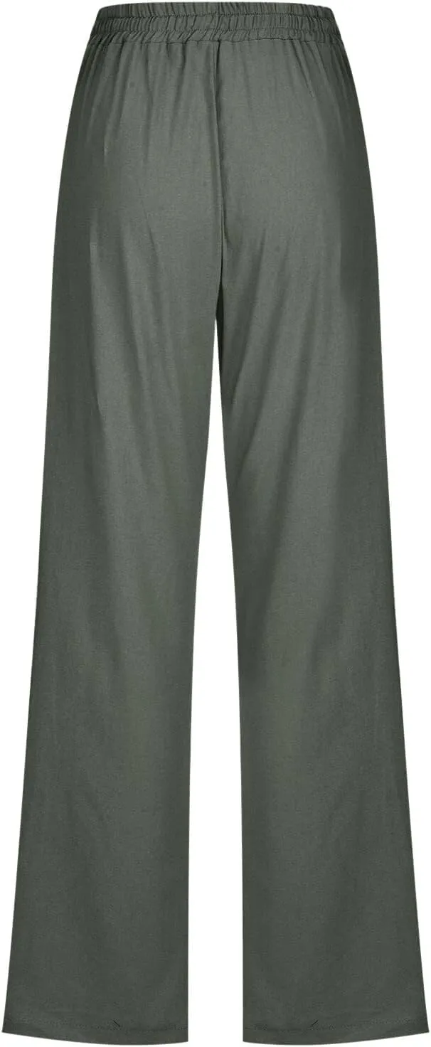 Womens Casual Linen Pants Summer Outfits Boho Drawstring Elastic Waist Trousers Lounge Vacation Clothing