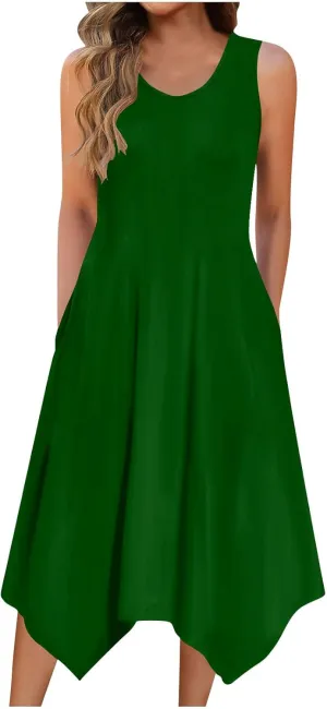 Women's Casual Summer Dress 2025 Sleeveless Dress Handkerchief Hem Midi Tank Dresses Beach Dress with Pockets