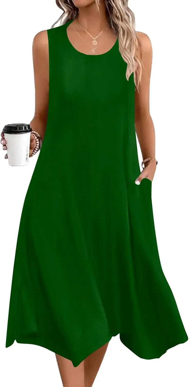 Women's Casual Summer Dress 2025 Sleeveless Dress Handkerchief Hem Midi Tank Dresses Beach Dress with Pockets