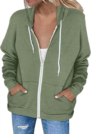 Women's Casual Zip Up Hoodie Drawstring Lightweight Sweatshirts Long Sleeve Coats Loose Solid Jackets with Pockets