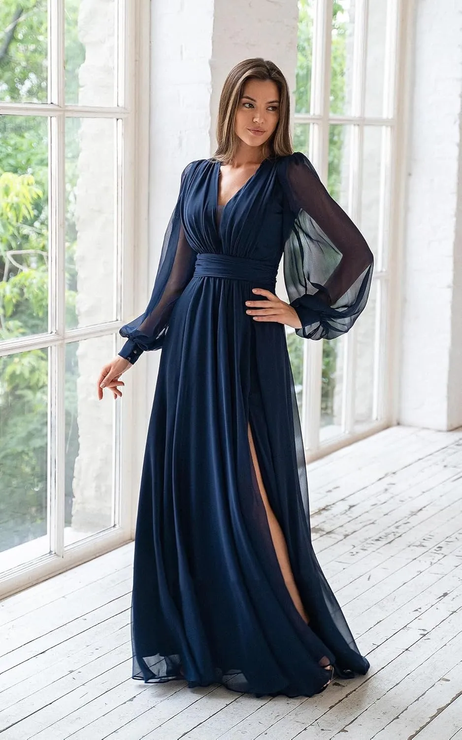 Women's Chiffon Bridesmaid Dresses Long Sleeve V Neck Formal Evening Prom Gown with Slit