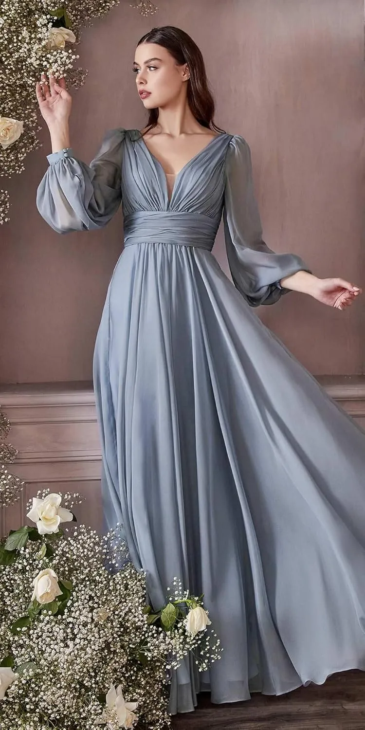 Women's Chiffon Bridesmaid Dresses Long Sleeve V Neck Formal Evening Prom Gown with Slit