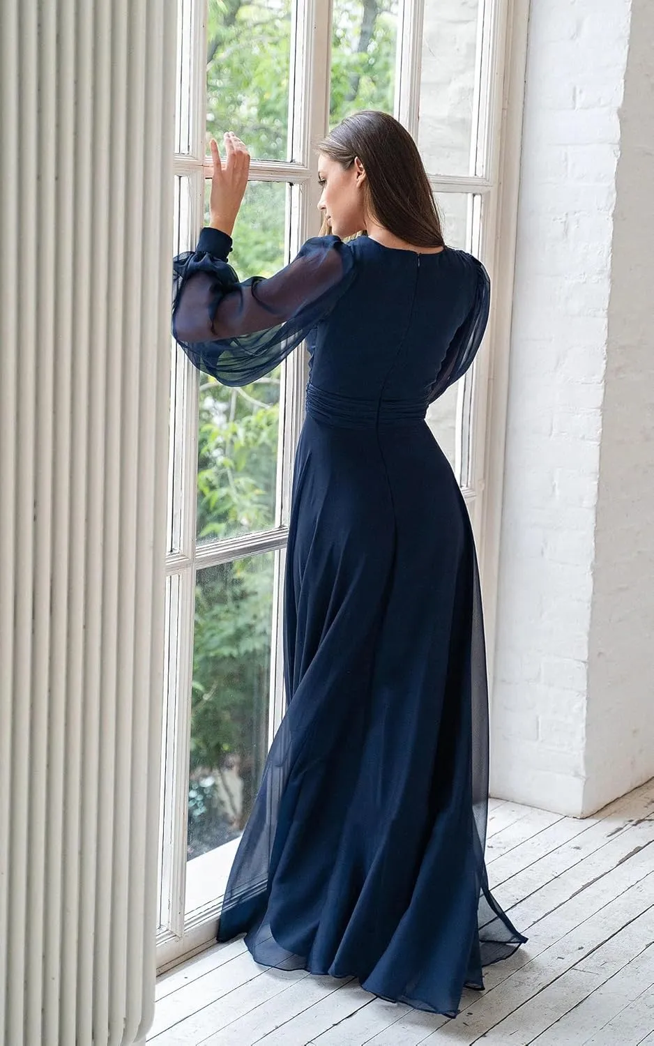 Women's Chiffon Bridesmaid Dresses Long Sleeve V Neck Formal Evening Prom Gown with Slit