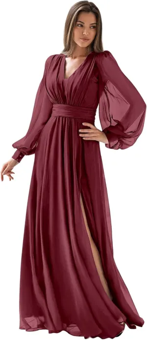 Women's Chiffon Bridesmaid Dresses Long Sleeve V Neck Formal Evening Prom Gown with Slit