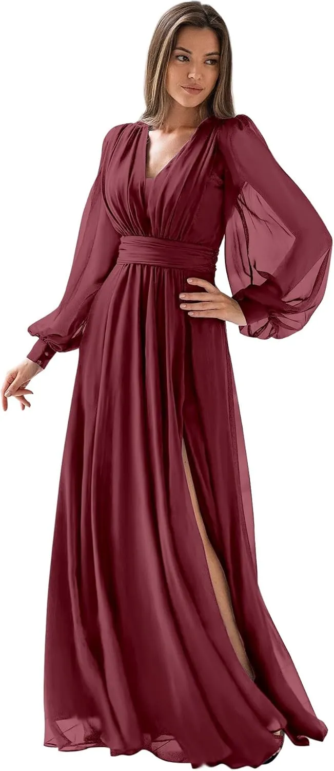 Women's Chiffon Bridesmaid Dresses Long Sleeve V Neck Formal Evening Prom Gown with Slit