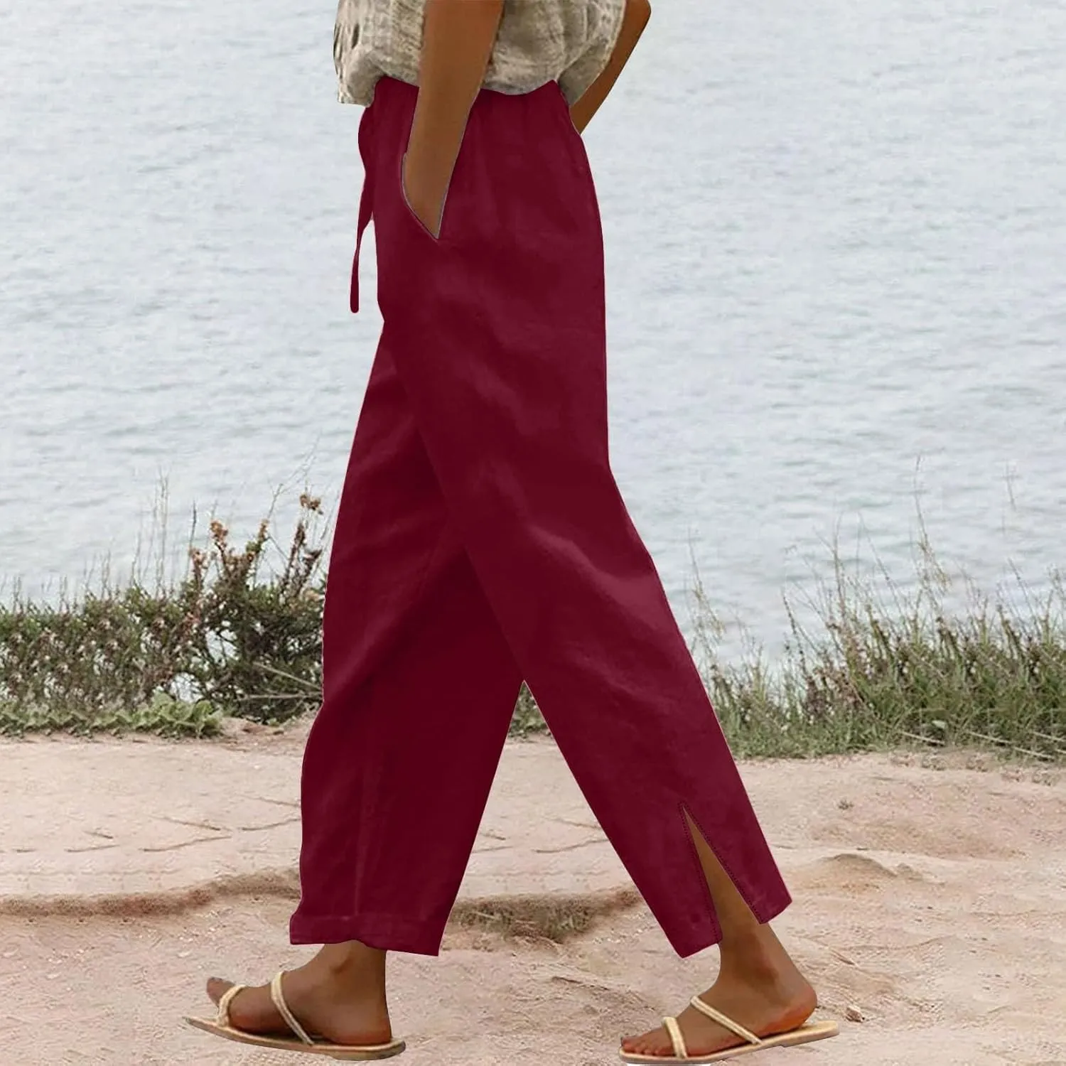 Womens Cotton Linen Pants Wide Leg Drawstring High Waist Casual Trousers Side Slit Beach Vacation Slacks with Pockets
