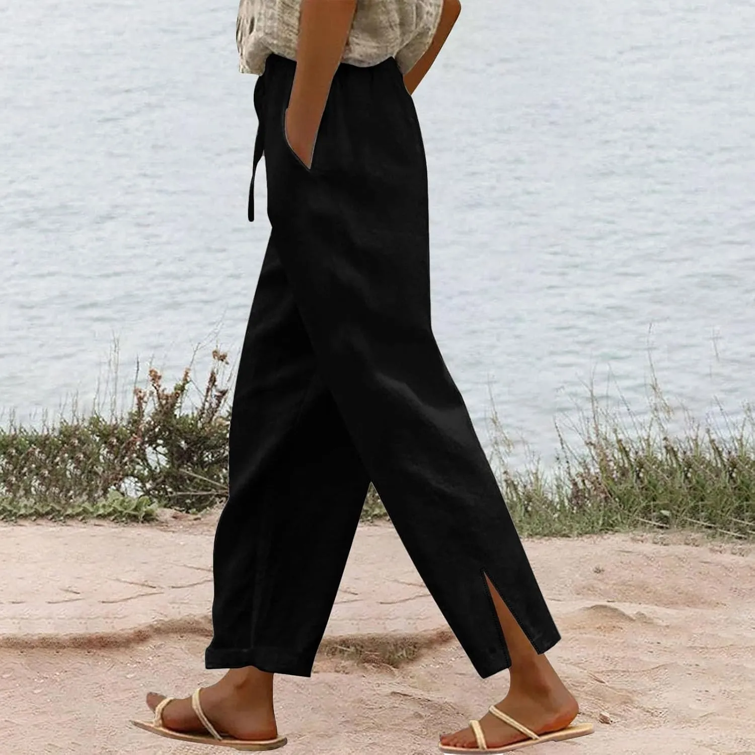 Womens Cotton Linen Pants Wide Leg Drawstring High Waist Casual Trousers Side Slit Beach Vacation Slacks with Pockets