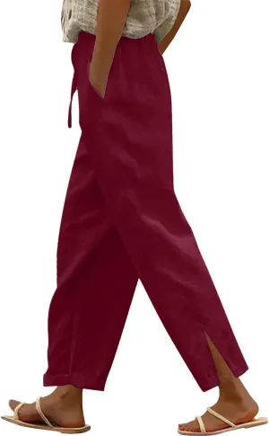 Womens Cotton Linen Pants Wide Leg Drawstring High Waist Casual Trousers Side Slit Beach Vacation Slacks with Pockets