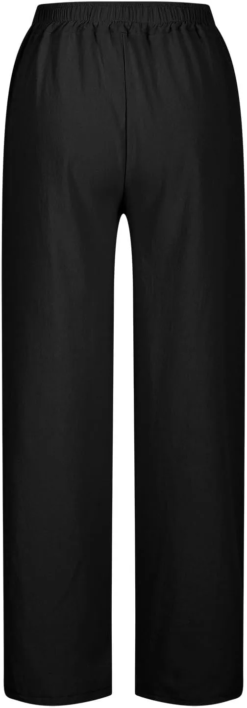Womens Cotton Linen Pants Wide Leg Drawstring High Waist Casual Trousers Side Slit Beach Vacation Slacks with Pockets