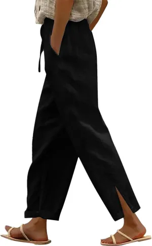 Womens Cotton Linen Pants Wide Leg Drawstring High Waist Casual Trousers Side Slit Beach Vacation Slacks with Pockets