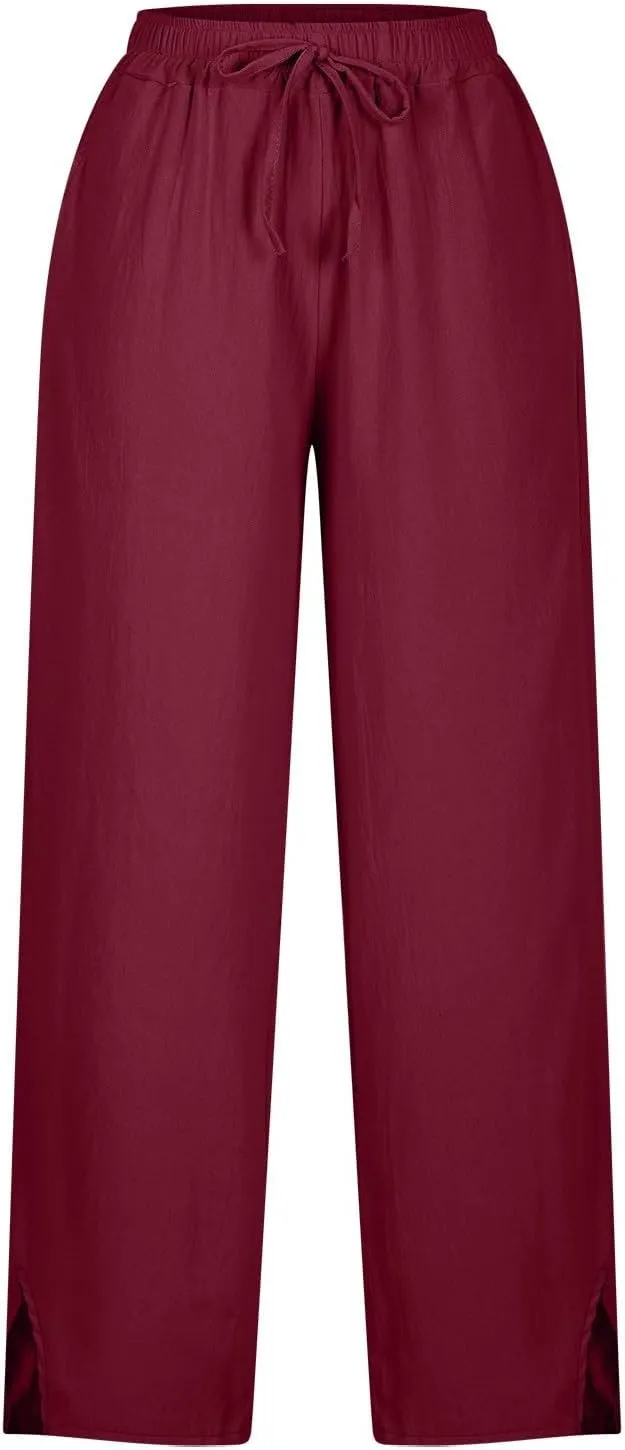 Womens Cotton Linen Pants Wide Leg Drawstring High Waist Casual Trousers Side Slit Beach Vacation Slacks with Pockets