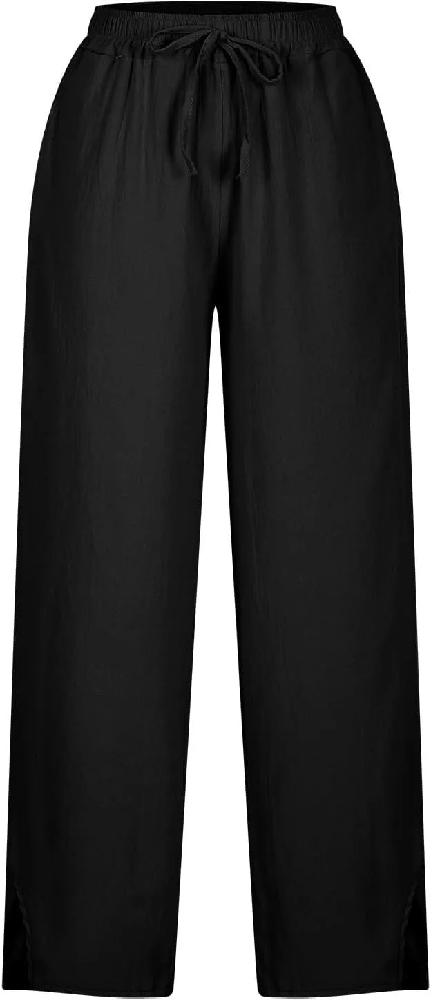 Womens Cotton Linen Pants Wide Leg Drawstring High Waist Casual Trousers Side Slit Beach Vacation Slacks with Pockets