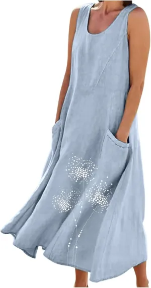 Womens Cotton Linen Sundress Sleeveless Flowy Maxi Dresses Plus Size Boho Summer Casual Loose Beach Tank Dress Pockets