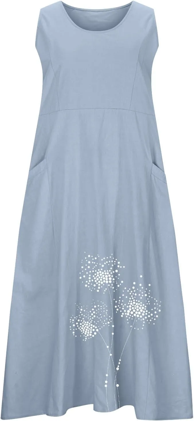 Womens Cotton Linen Sundress Sleeveless Flowy Maxi Dresses Plus Size Boho Summer Casual Loose Beach Tank Dress Pockets