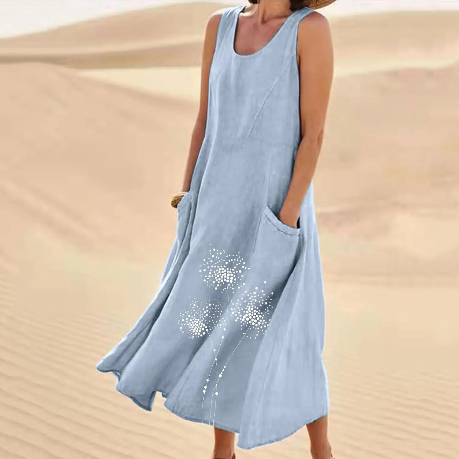 Womens Cotton Linen Sundress Sleeveless Flowy Maxi Dresses Plus Size Boho Summer Casual Loose Beach Tank Dress Pockets
