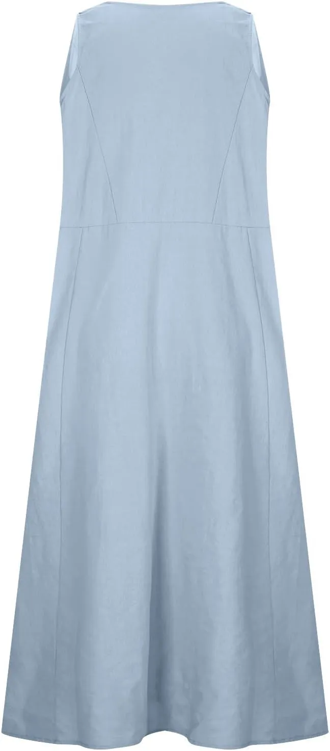 Womens Cotton Linen Sundress Sleeveless Flowy Maxi Dresses Plus Size Boho Summer Casual Loose Beach Tank Dress Pockets