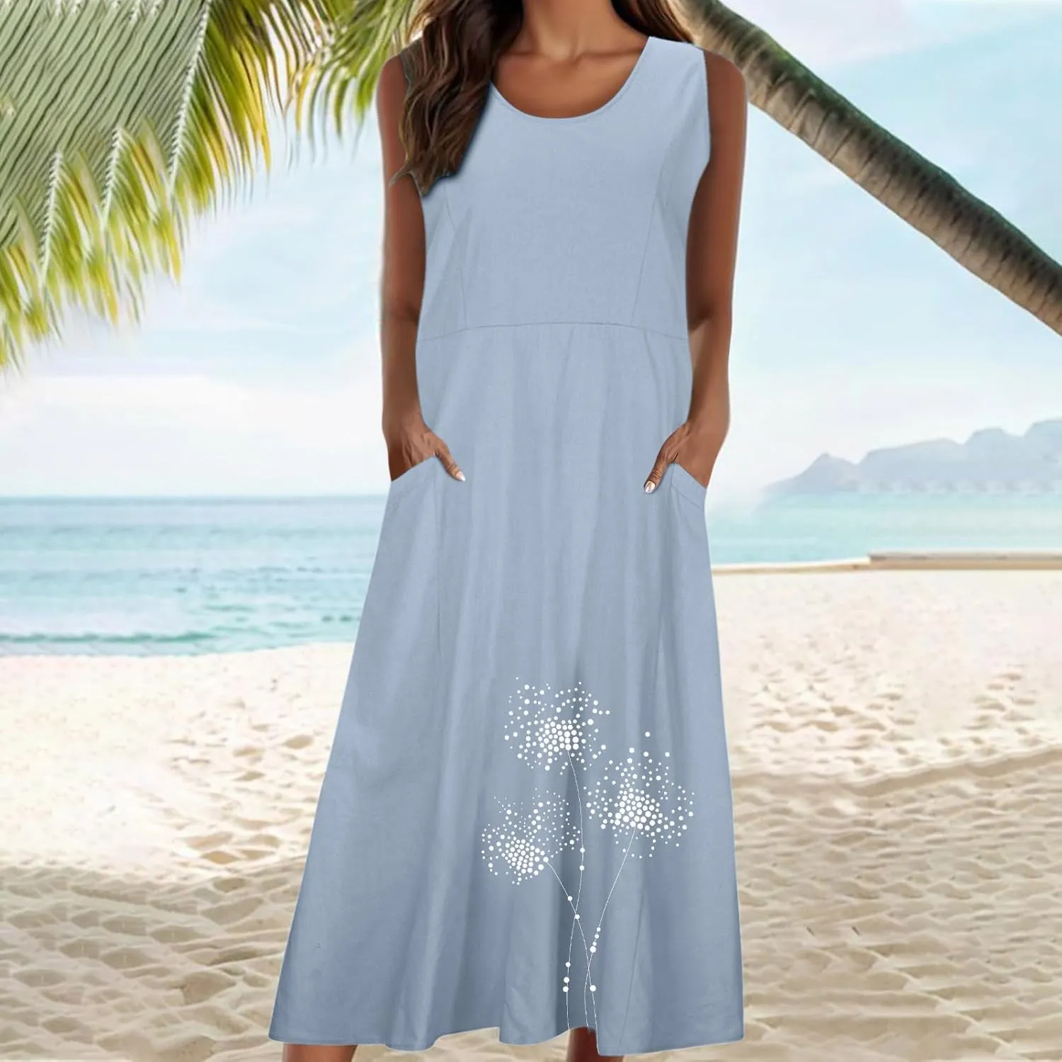 Womens Cotton Linen Sundress Sleeveless Flowy Maxi Dresses Plus Size Boho Summer Casual Loose Beach Tank Dress Pockets