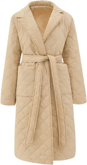 Women's Cotton-Padded Coat Lapel Loose Quilting Sashes Long Sleeve Pockets Parka Jackets yellow S
