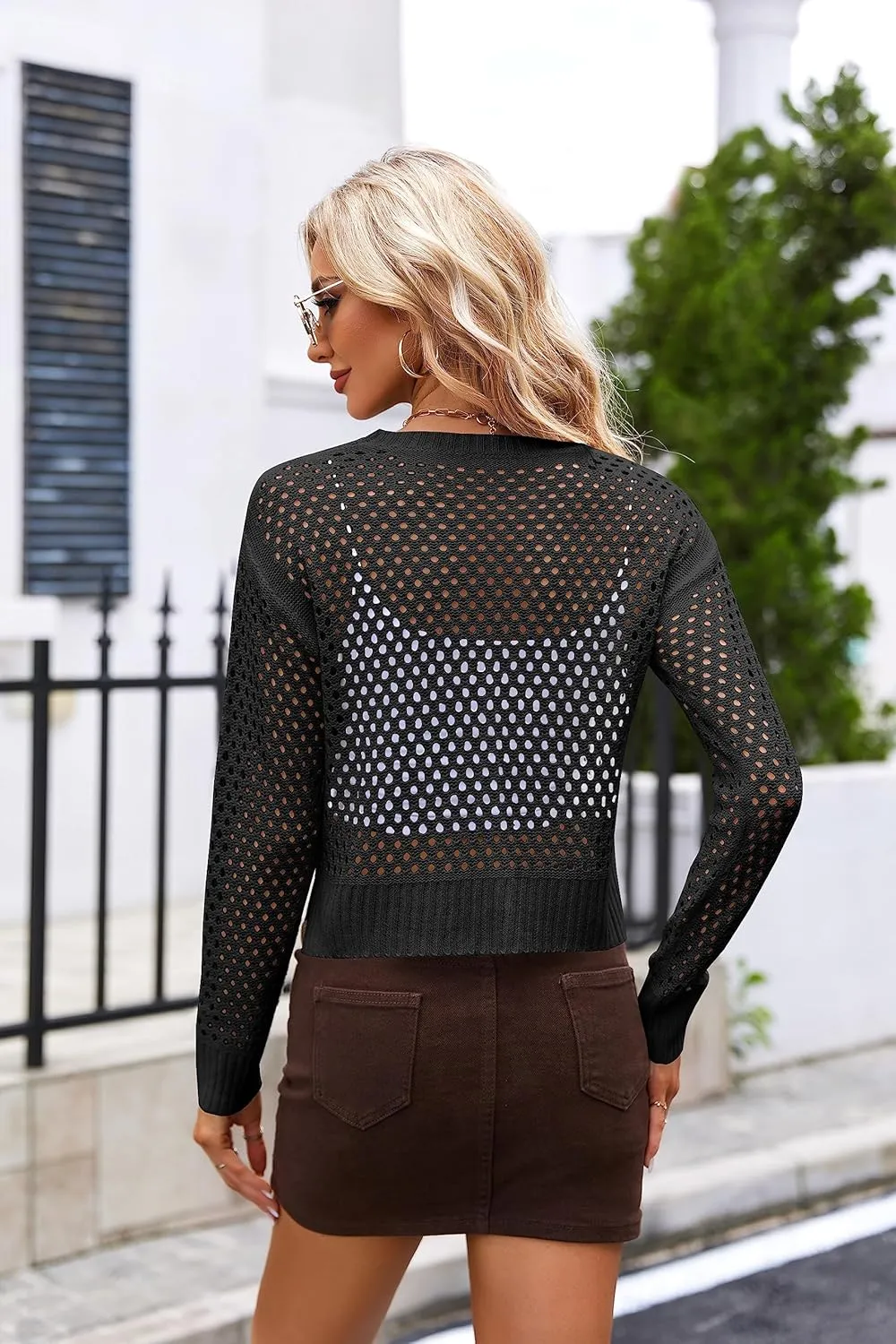Women's Crochet Mesh Sweaters Hollow Out Long Sleeve Knit Top Bikini Beach Cover Ups