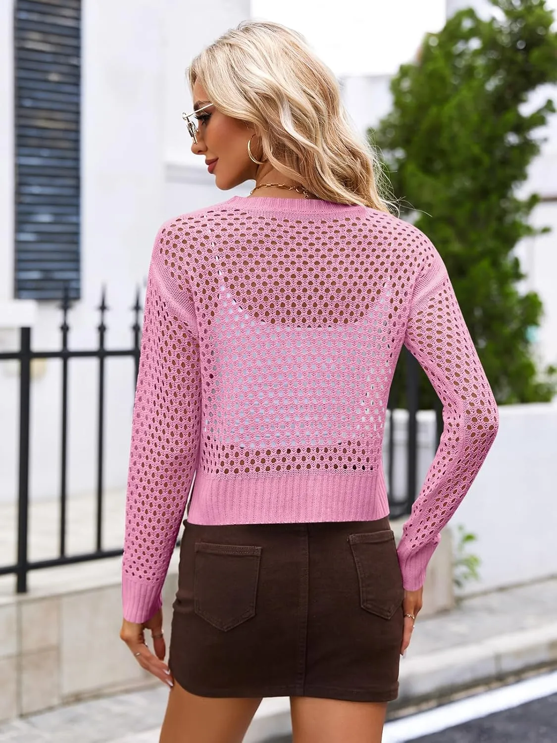 Women's Crochet Mesh Sweaters Hollow Out Long Sleeve Knit Top Bikini Beach Cover Ups