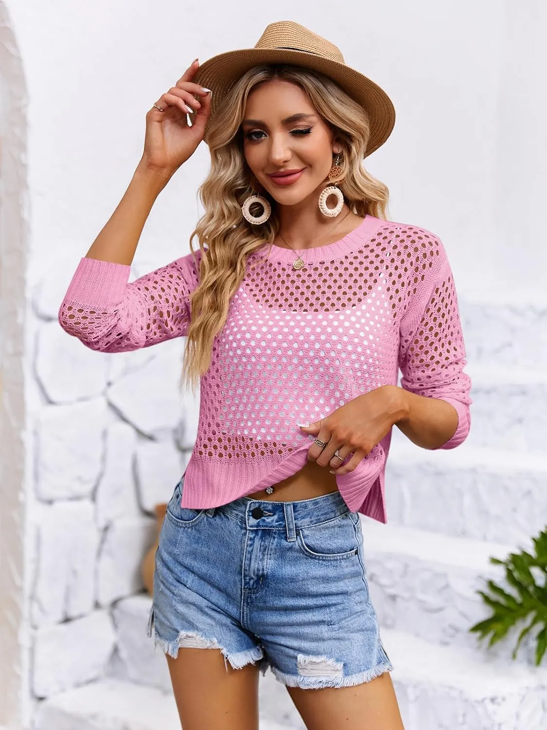 Women's Crochet Mesh Sweaters Hollow Out Long Sleeve Knit Top Bikini Beach Cover Ups
