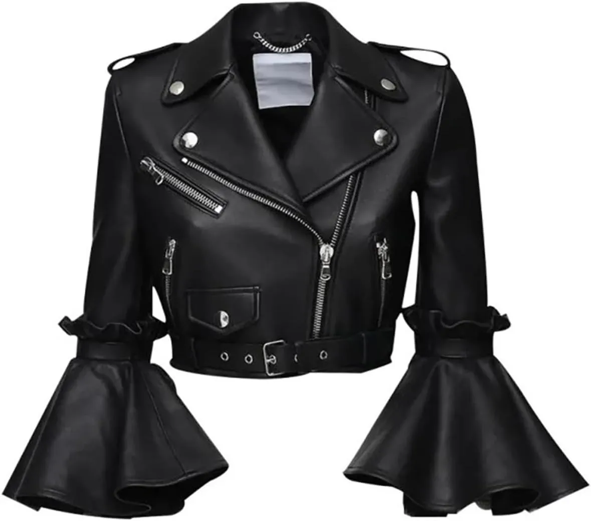 Women's Cropped Leather Biker Jacket, Ruffled Bell Sleeve Moto Jacket, Leather Short Jacket for Women