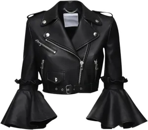 Women's Cropped Leather Biker Jacket, Ruffled Bell Sleeve Moto Jacket, Leather Short Jacket for Women