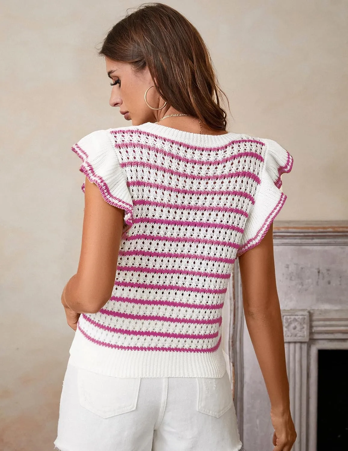 Women's Cute Crochet Knit Striped Sweater Vest Fall 2024 Lightweight Crewneck Ruffles Cap Sleeve Crop Top