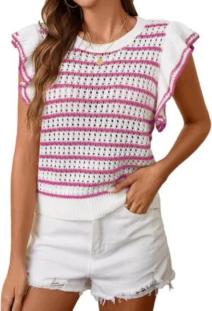 Women's Cute Crochet Knit Striped Sweater Vest Fall 2024 Lightweight Crewneck Ruffles Cap Sleeve Crop Top