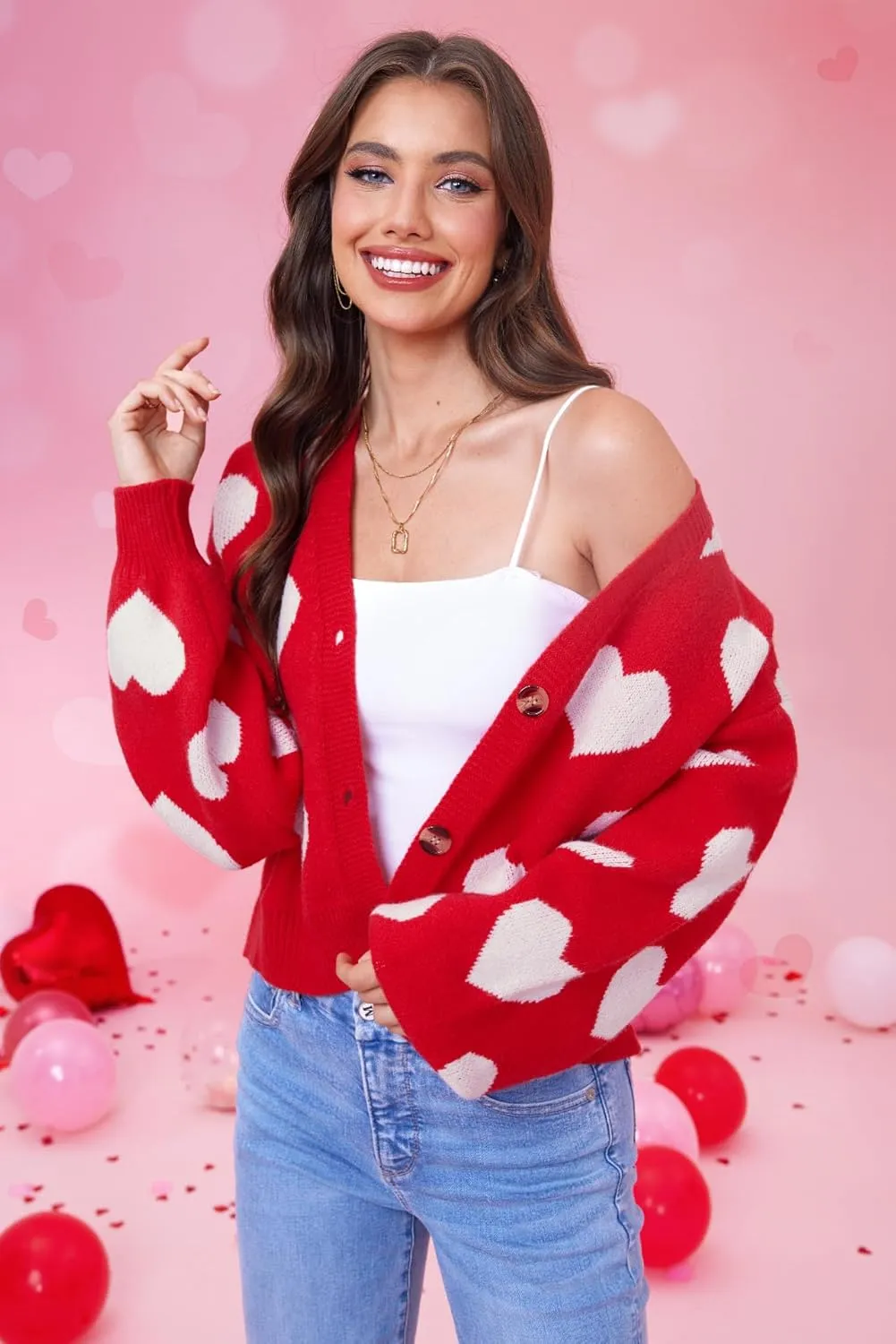Women's Cute Y2K Cropped Cardigan Long Sleeve Button Down Heart Sweater