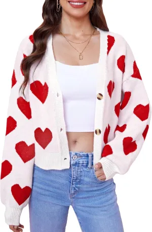 Women's Cute Y2K Cropped Cardigan Long Sleeve Button Down Heart Sweater