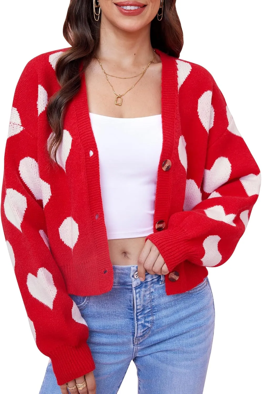 Women's Cute Y2K Cropped Cardigan Long Sleeve Button Down Heart Sweater