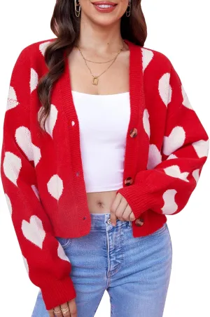 Women's Cute Y2K Cropped Cardigan Long Sleeve Button Down Heart Sweater