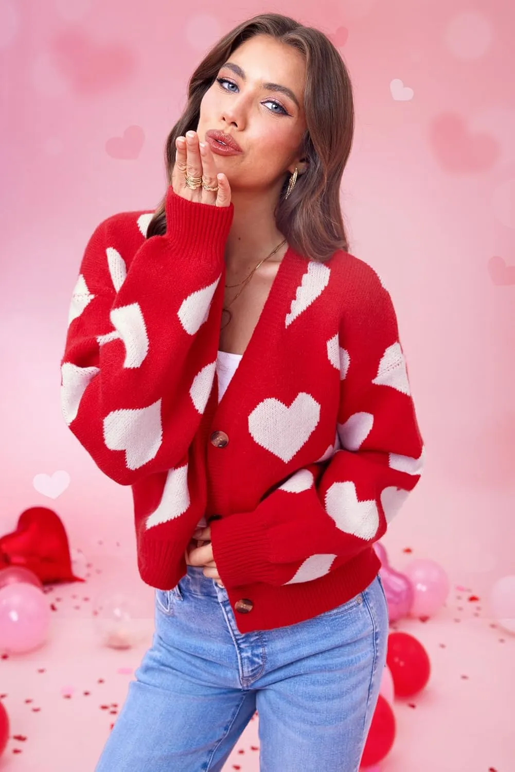 Women's Cute Y2K Cropped Cardigan Long Sleeve Button Down Heart Sweater