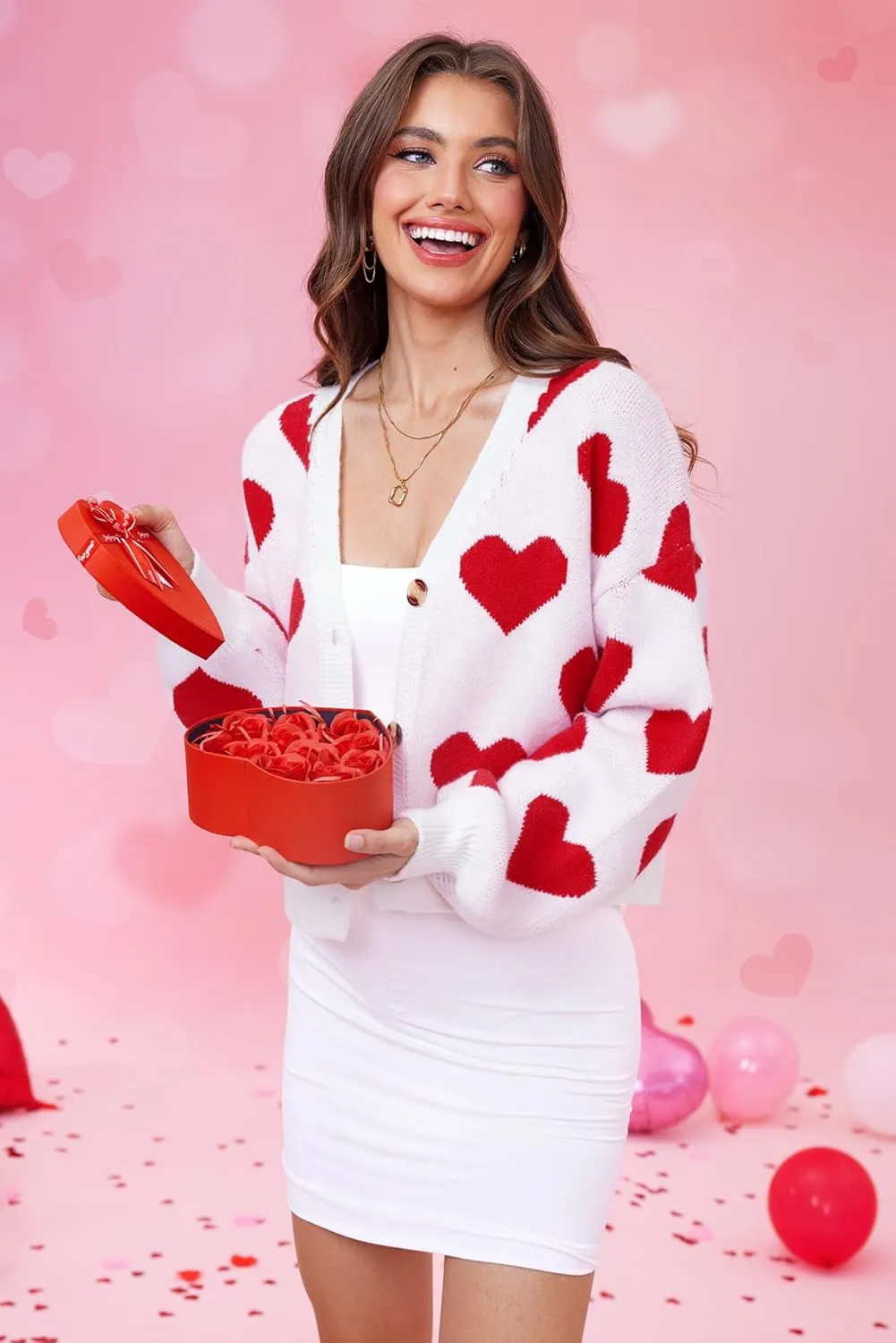 Women's Cute Y2K Cropped Cardigan Long Sleeve Button Down Heart Sweater