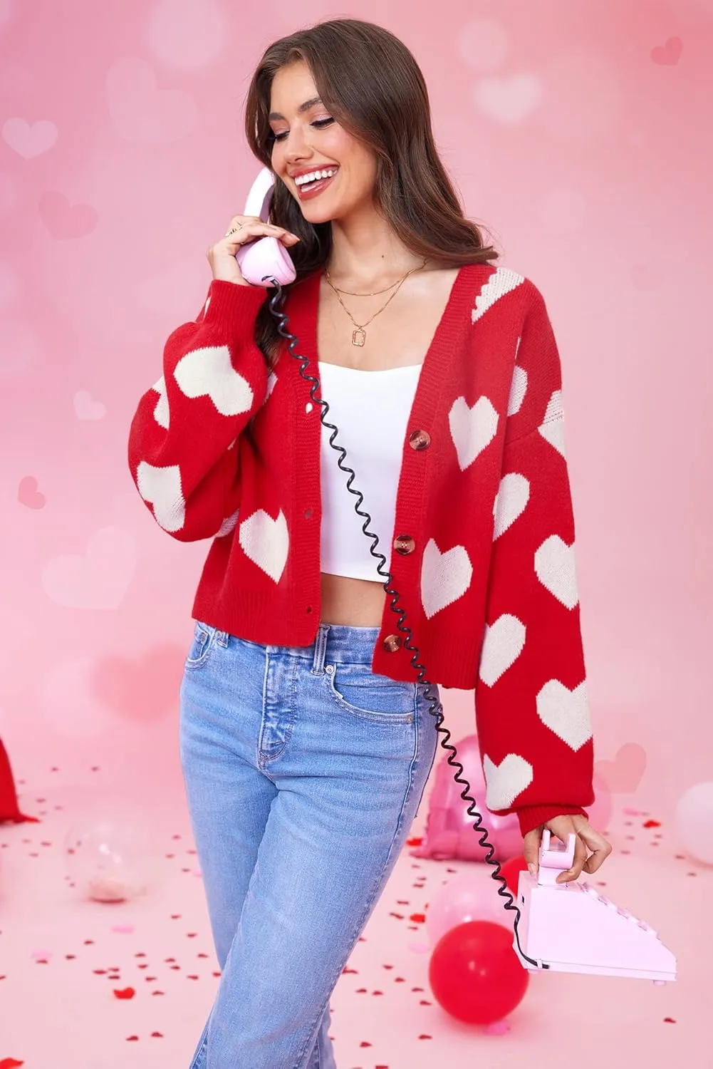 Women's Cute Y2K Cropped Cardigan Long Sleeve Button Down Heart Sweater