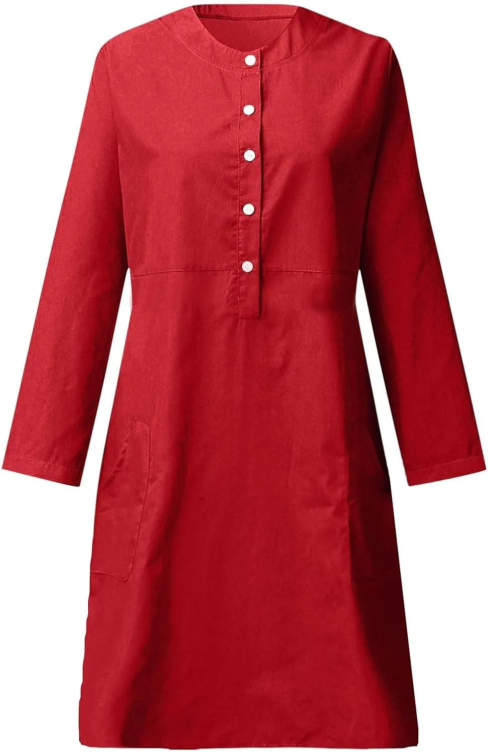 Womens Dresses Cotton Linen Long Sleeve Tshirt Dress Plus Size Knee Length Tunic Dress Button Fall Dress with Pocket