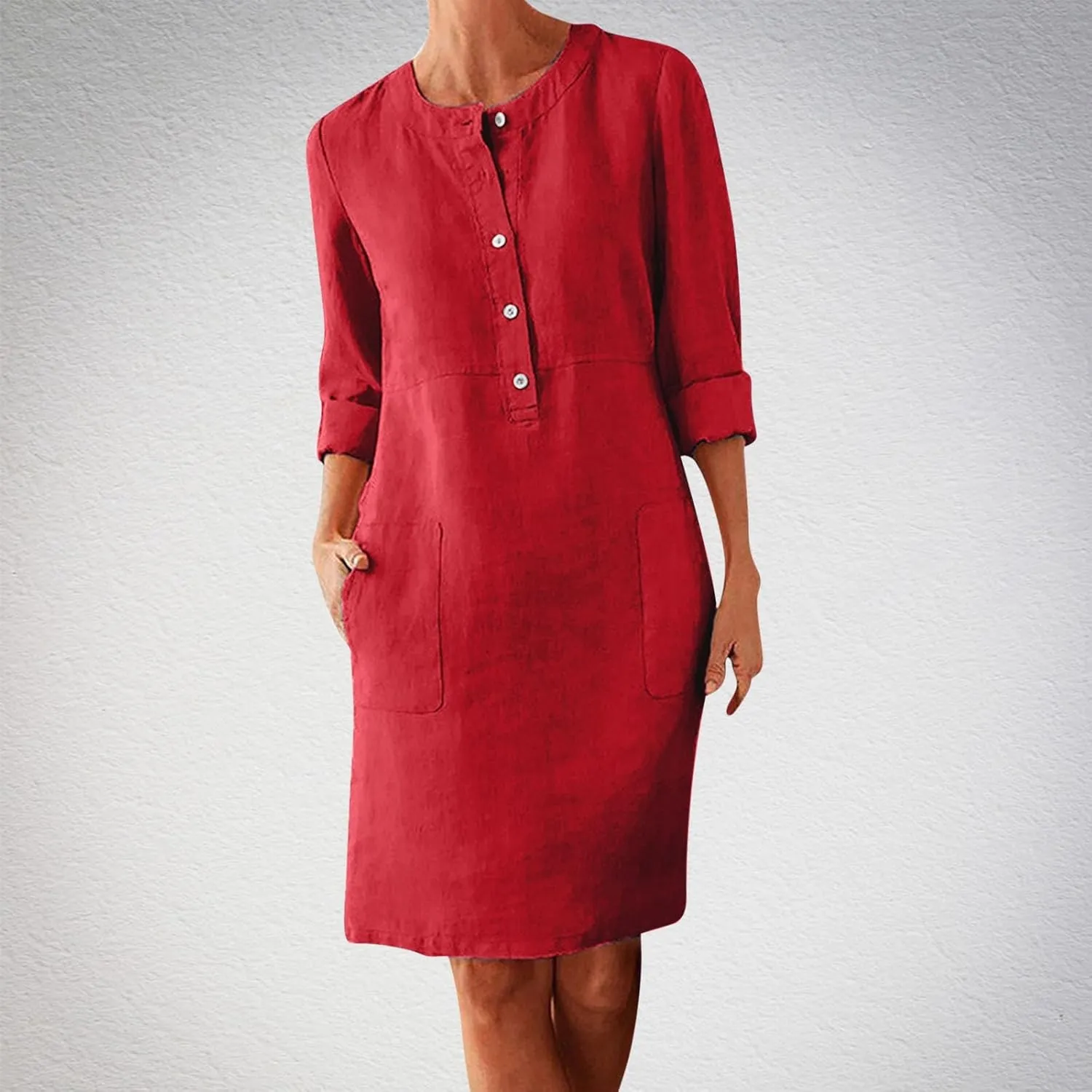 Womens Dresses Cotton Linen Long Sleeve Tshirt Dress Plus Size Knee Length Tunic Dress Button Fall Dress with Pocket