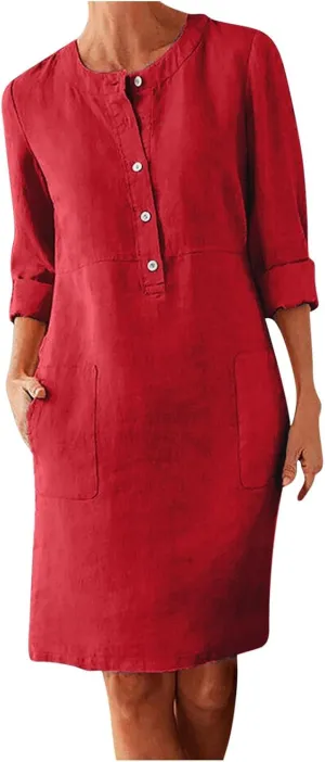 Womens Dresses Cotton Linen Long Sleeve Tshirt Dress Plus Size Knee Length Tunic Dress Button Fall Dress with Pocket