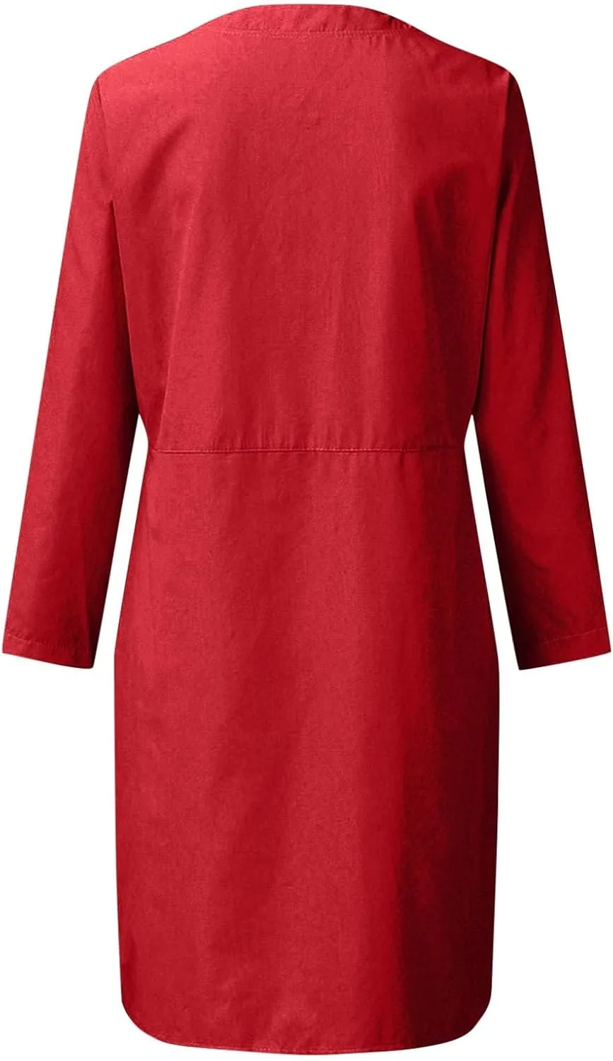 Womens Dresses Cotton Linen Long Sleeve Tshirt Dress Plus Size Knee Length Tunic Dress Button Fall Dress with Pocket