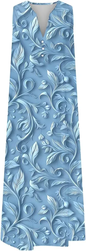 Women's Embossed Floral Printed Midi Dresses Button V Neck Summer Loose Sleeveless A-Line Casual Plus Size Dress with Pockets