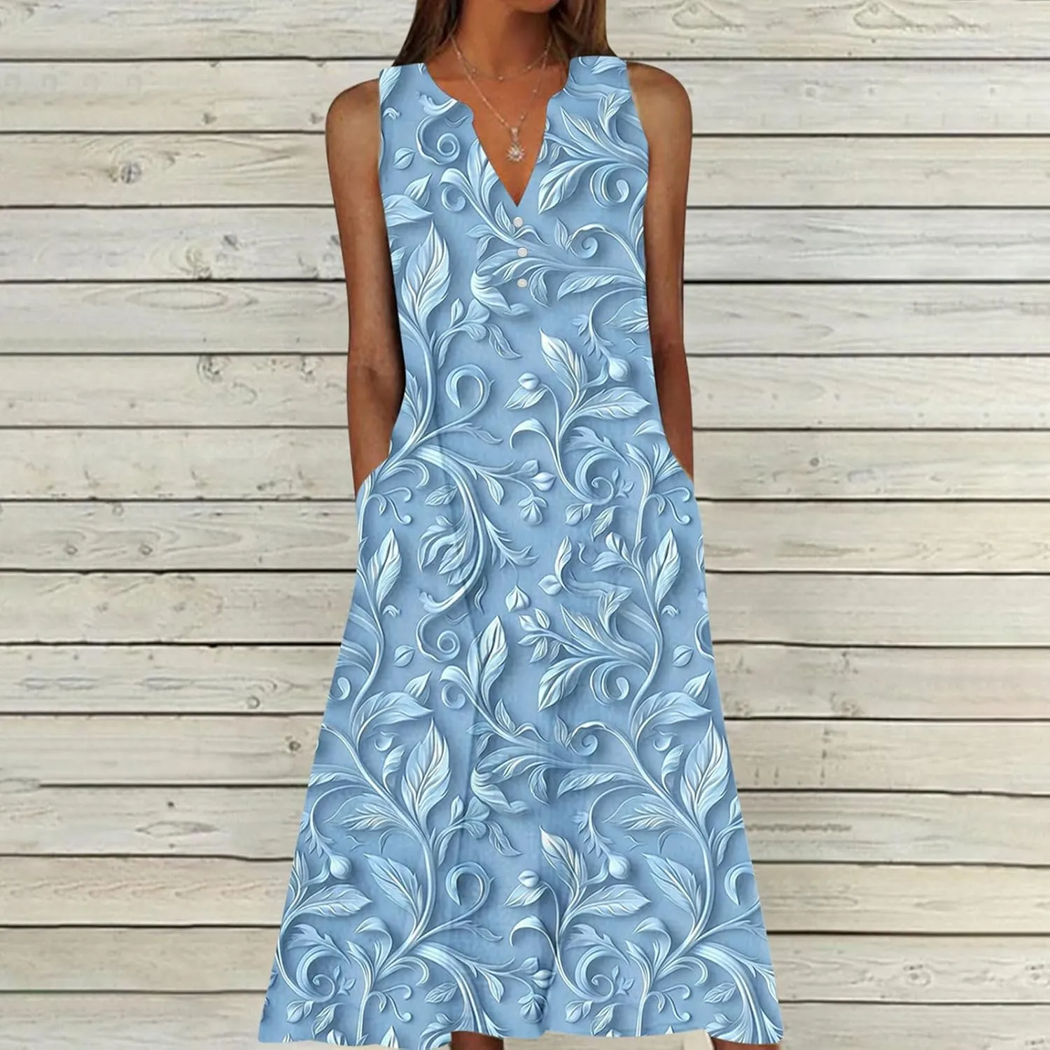 Women's Embossed Floral Printed Midi Dresses Button V Neck Summer Loose Sleeveless A-Line Casual Plus Size Dress with Pockets
